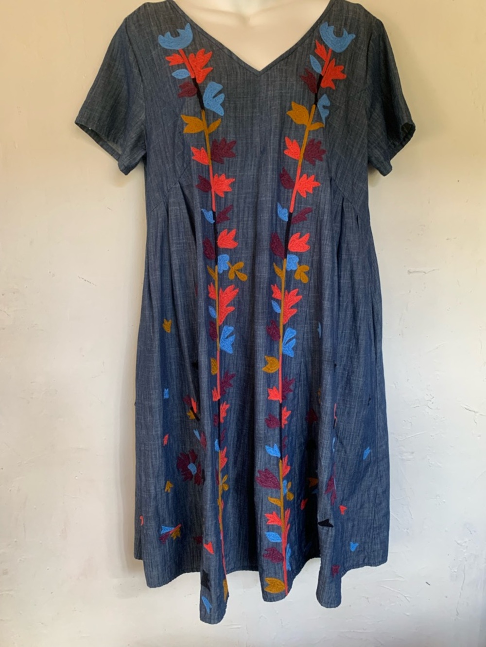eshakti Blue Midi Dress with Multicolor Floral Embroidery